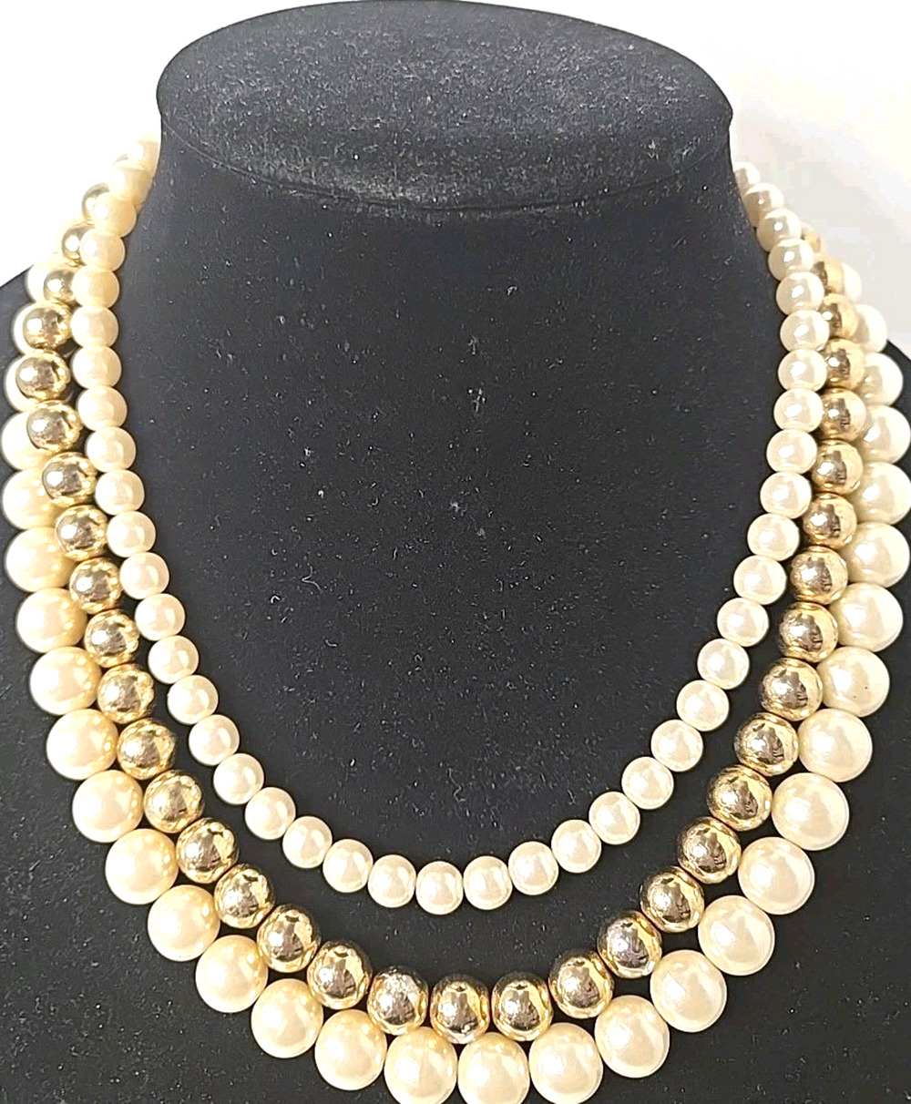 Vintage 3 Strand Statement Faux Pearl Necklace and Round Gold Tone Beads 1970s